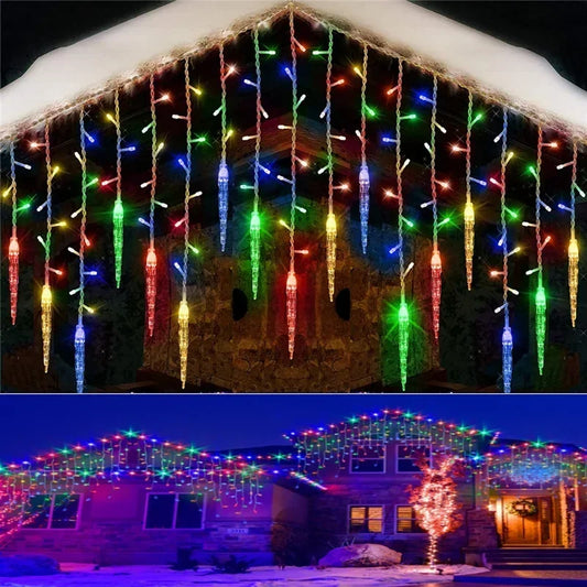 2.8M LED Curtain Icicle String Lights Christmas Waterfall Garland Outdoor Garden Decoration Fairy Light for Street Eaves Patio