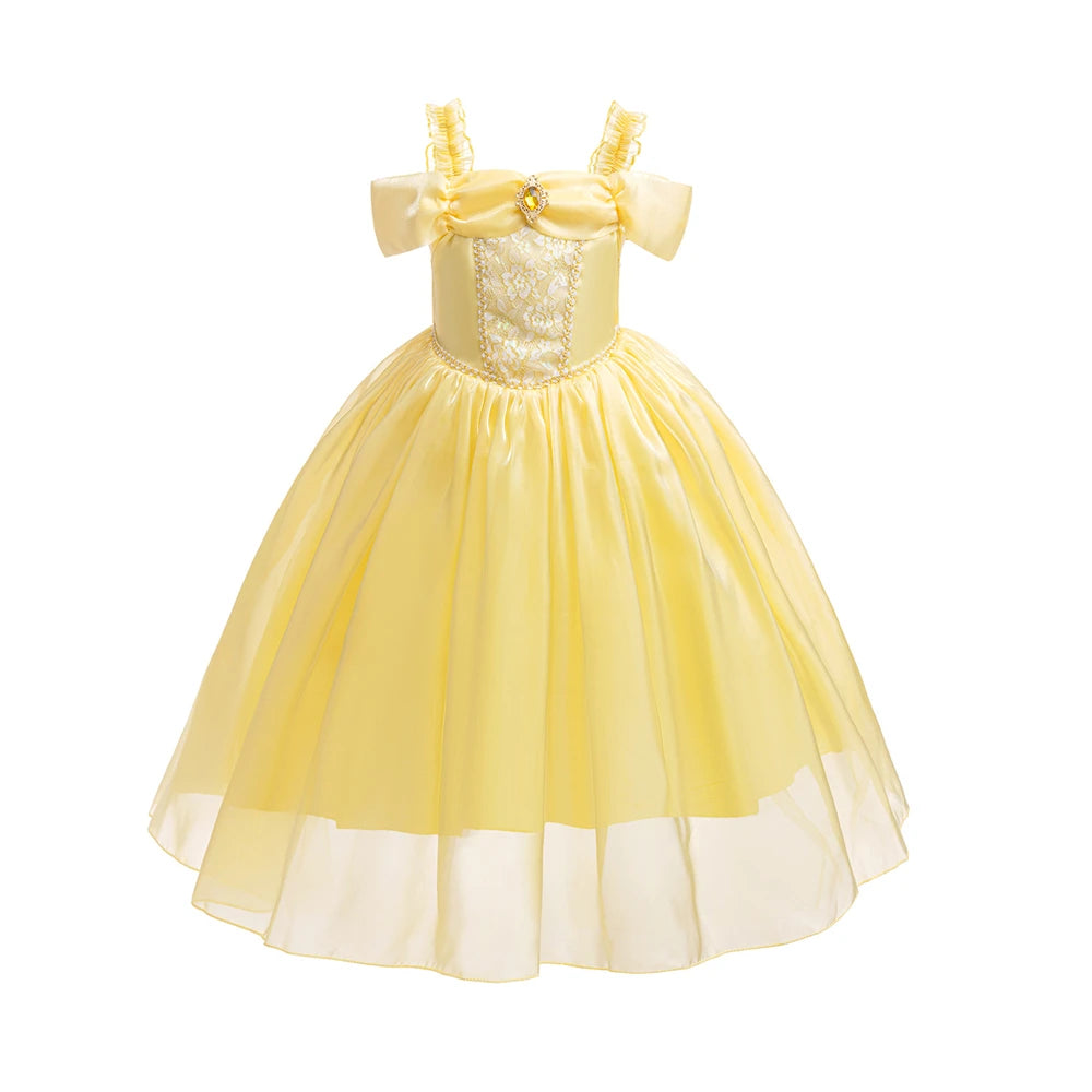 Halloween Girls Princess Belle Dress Up Evening Party Yellow Shoulderless Elegant Long Dresses Beauty Beast Fairy Costume Wig