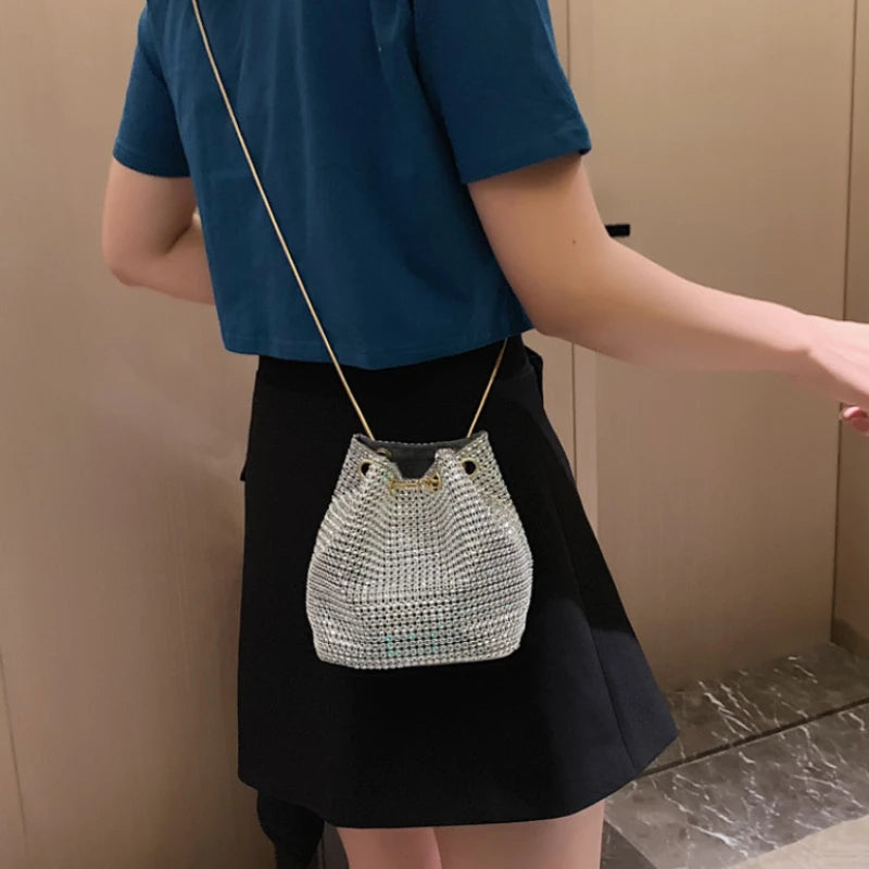 Ladies Rhinestone Bucket Shape Crossbody Bags Evening Party Clutches Storage Totes Shining Shoulder Bag Chain Handbag