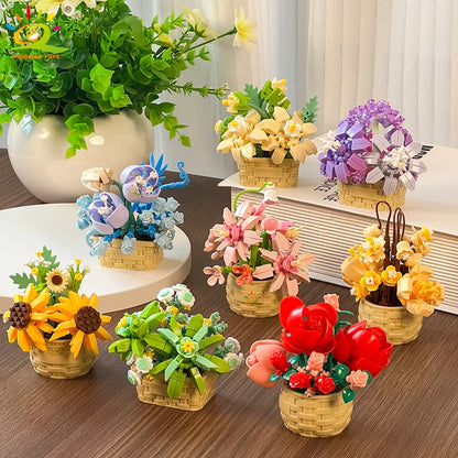 HUIQIBAO Eternal Flower Model Bouquet Potted Plant Micro Building Blocks MOC DIY Home Desk Decoration Brick Toy For Children