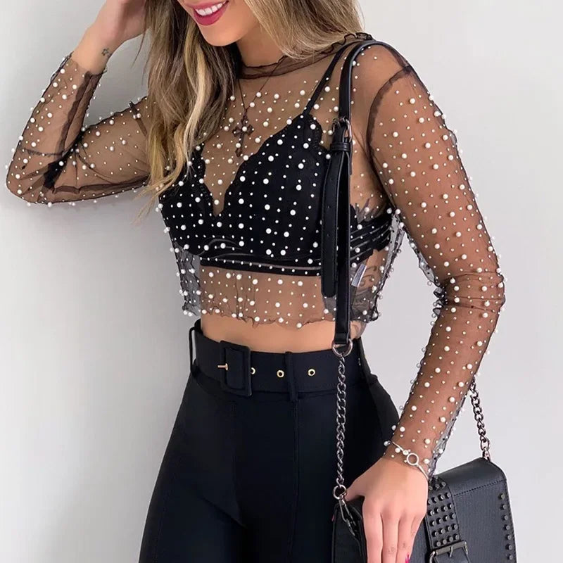 Women's Hot Diamond Bead Perspective Mesh Top Summer Sexy See Through Female Bubble Long Sleeve T-shirts O-Neck Club Party Tops