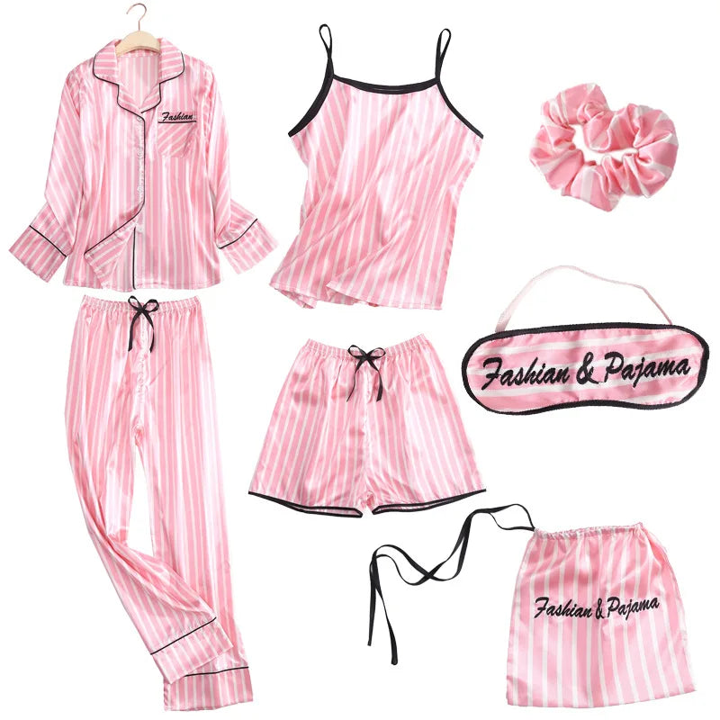 7 piece Sets Pajamas Autumn Women's Suit Ice Silk Satin Silk Pink Striped Pyjama Outwear Home Suit Pijama