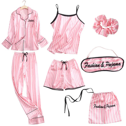 7 piece Sets Pajamas Autumn Women's Suit Ice Silk Satin Silk Pink Striped Pyjama Outwear Home Suit Pijama