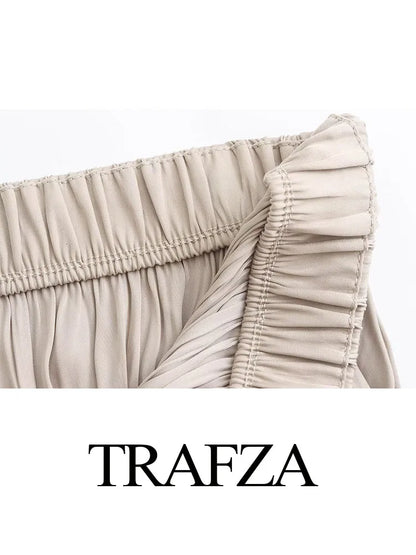 TRAFZA 2024 Summer Elegant Long Skirts Women's Trendy Solid Color Folds Elastic Waist Female New Fashion Casual Loose Skirts