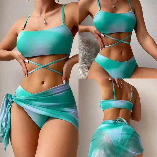 Women's 3 Piece Gradient Tie Dye Bathing Suit Lace Up High Cut Bikini with Beach Skirt