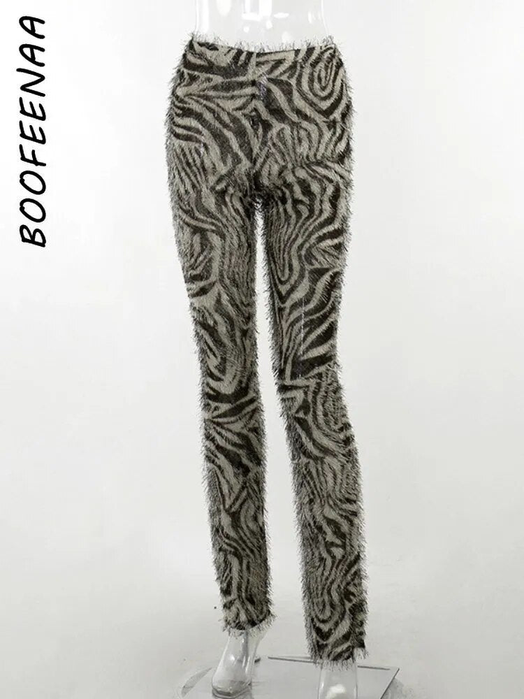 BOOFEENAA Zebra Striped Knitted Furry High Waist Pants for Women Bottoms Streetwear Fall Winter Fashion Sexy Trousers C66-CC17