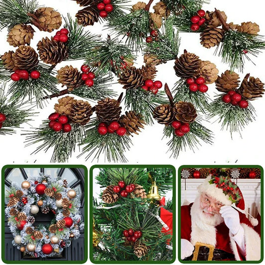 10Pcs Christmas Mini Pinecones Pine Needles Branches with Artificial Red Berry Stems for Xmas Tree Garland DIY Craft Gifts Decor