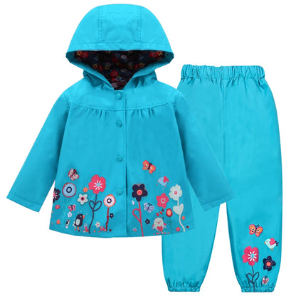 Autumn Spring Children Waterproof Long Sleeve Coat+Pants 2pcs Flower Print Baby Girls Clothes Toddler Boys Children Sets Costume