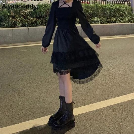 New Gothic Women Black Fairy Dress Cross Square Collar Lolita Princess Irregular Dress Cute Kawaii Lace Ruffles Chic Dress