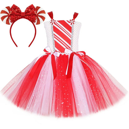 Girls Christmas Candy Cane Tutu Dress Outfits Red White Glittery Mrs Santa Claus Costume for Kids New Year Xmas Party Dresses