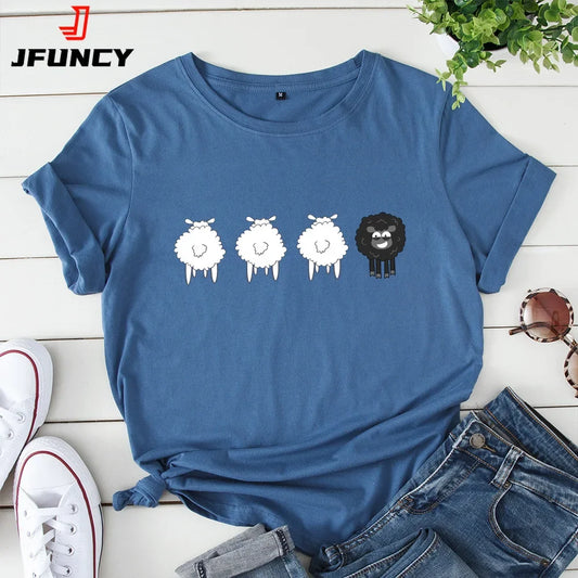 JFUNCY 2024 Summer Female Tees Sheep Graphic T Shirts Short Sleeve T-Shirt Women's Tops Oversized Cotton Tshirt Women Clothing