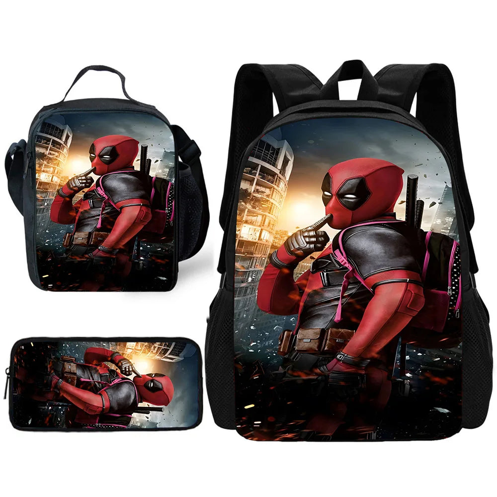 Child Schoo Deadpools Super Heroes Backpack with Lunch Bags ,Pencil Bags ,School Bags for Boys Girls Best Gift