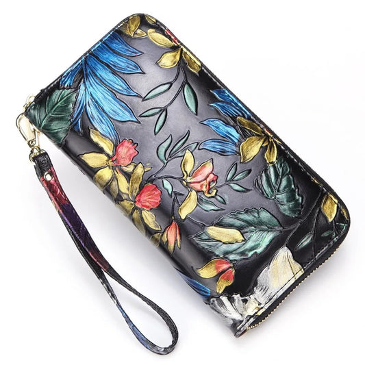 Women Genuine Leather Long Purse Wrist Clutch Bags Cowhide Floral Pattern Retro Coin Cash ID Card Holder Money Handy Bag Wallet