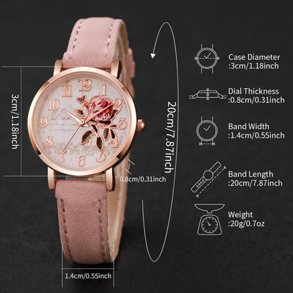 6pcs/set Fashion Women Leather Band Rose Dial Quartz Watch with Pink Bracelet Set (Box not Included）