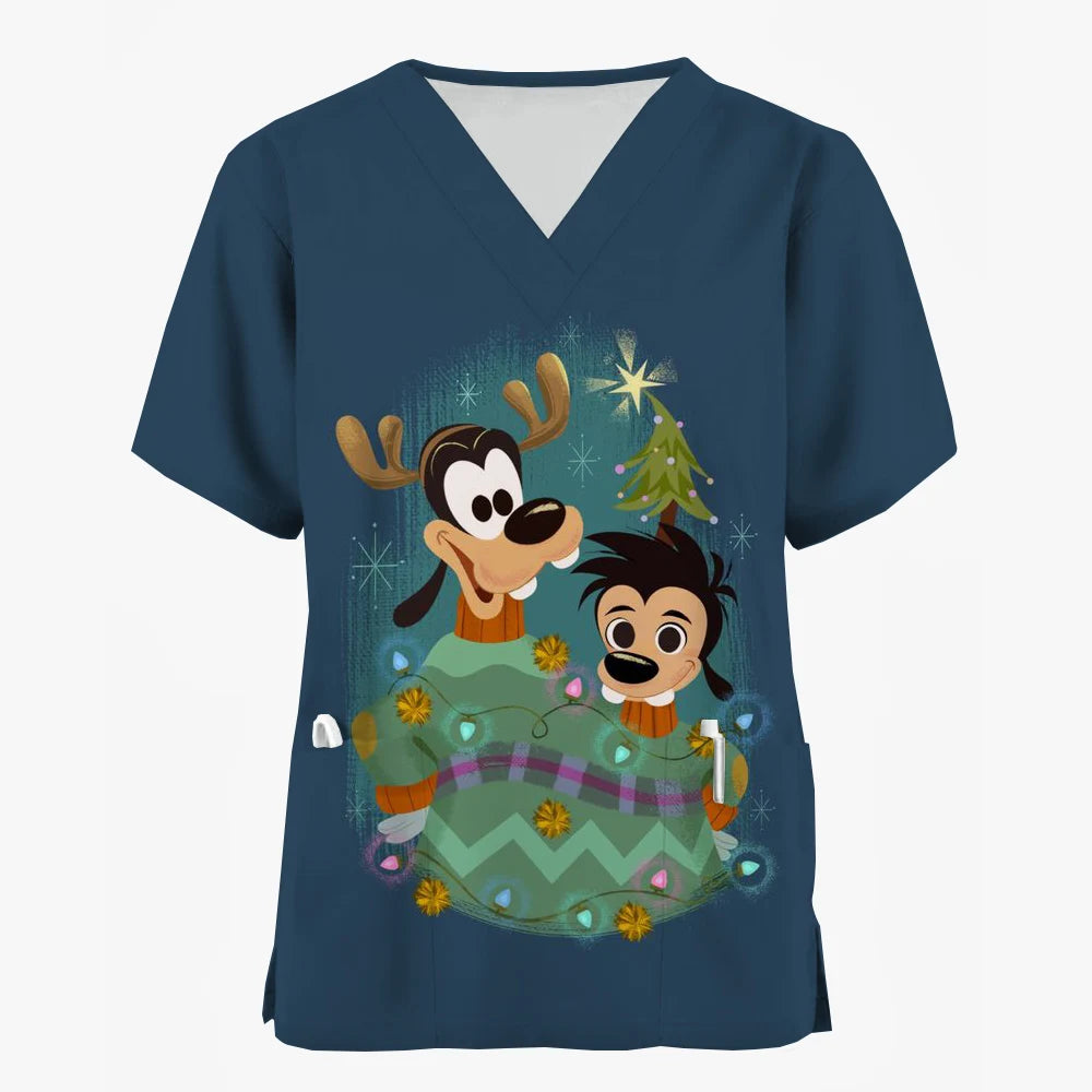 Disney Mickey Mouse Minnie print Christmas Scrub Tops Women Dentist Work Uniform Nurse Scrub Uniforms Medicals Dental Hospital