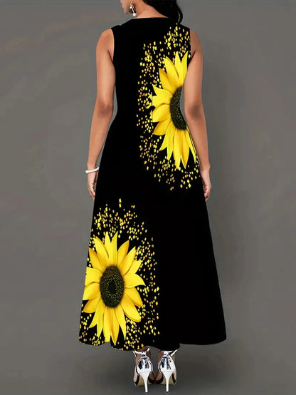 Chic Sunflower Sleeveless Maxi Dress - Vintage Floral, Teens' Casual All-Season Wear with Pocket