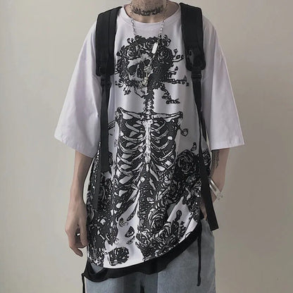 Goth Skull Tshirt print Tops women Punk Short sleeve Oversized T-shirt men Japanese Harajuku Grunge Streetwear Woman clothes y2k