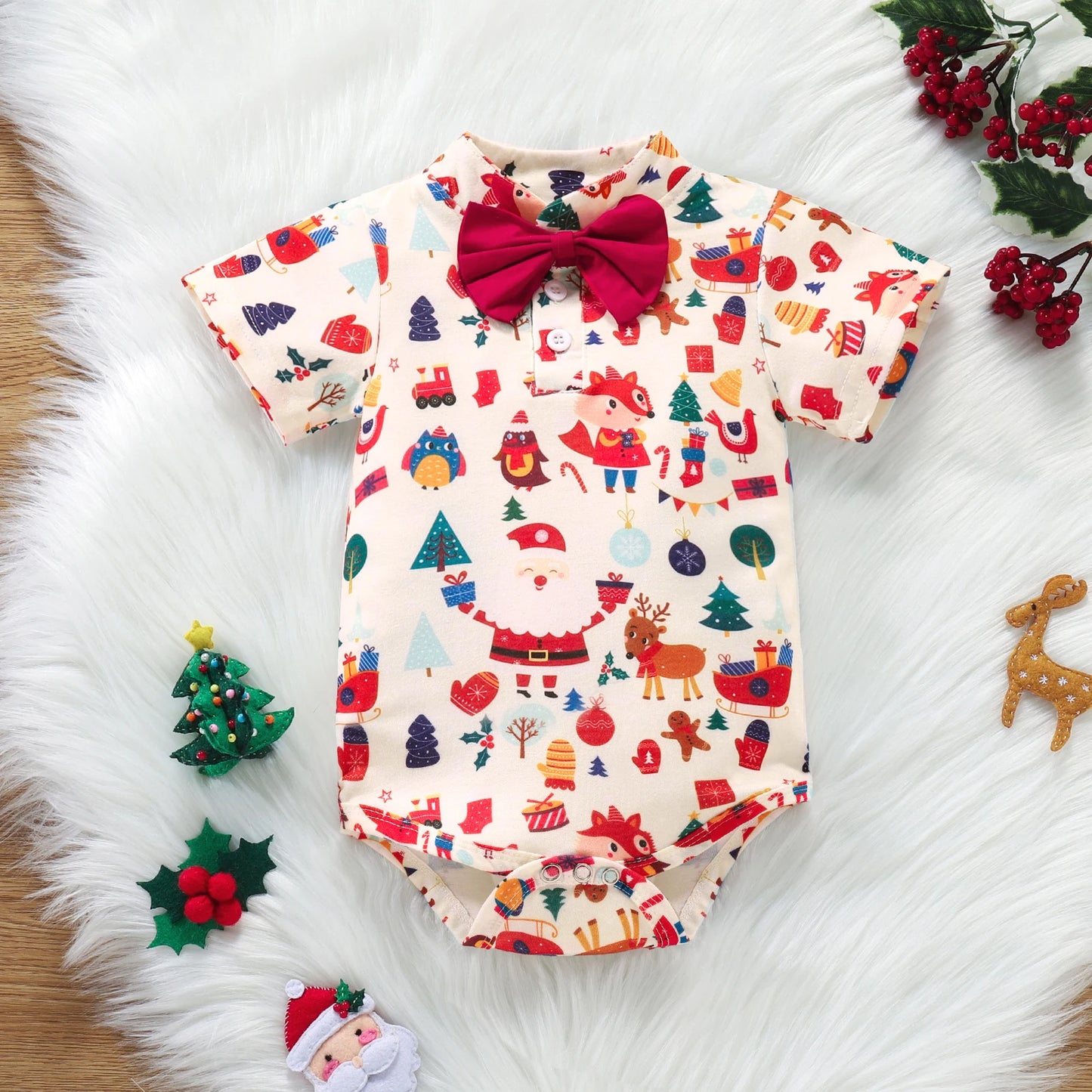 Christmas Suit Infant Bow Short Sleeve Polo Romper + Brace Set Newborn Baby Girl Boy Clothes