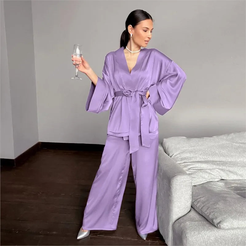 Women's 2024 Matching Sets Pajamas With Belt Satin Tow Pieces Suit Soft Loose Pyjamas Casual Solid Sleepwear Female Home Clothes