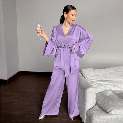 Women's 2024 Matching Sets Pajamas With Belt Satin Tow Pieces Suit Soft Loose Pyjamas Casual Solid Sleepwear Female Home Clothes