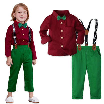 Baby Christmas Outfit Boy Kids Gentleman Formal Suit Toddler Suspenders Clothing Set Infant Party Dress Shirt