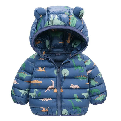 Kids Boy Lightweight Down Jacket Girl Baby Cartoon Dinosaur Outerwear Hooded Coat Autumn Winter Clothes Christmas Birthday Gifts