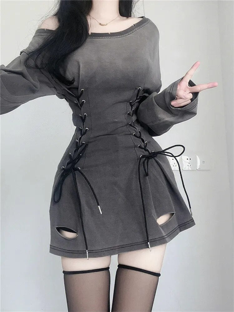 New Fairycore Grunge Goth Corset Dress Women Aesthetic Harajuku Streetwear Bandage Slim Bodycon Dress Y2k 90s Indie Clothes