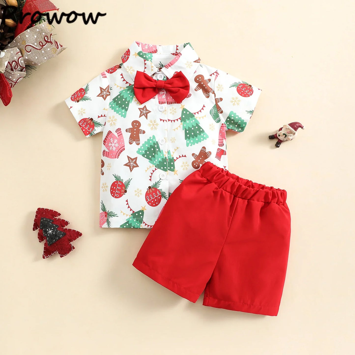 Toddler Boys Christmas Outfits Gentleman Sets For Kids Short Sleeve Deer Shirt and Red Shorts New Year Costume For Children Baby