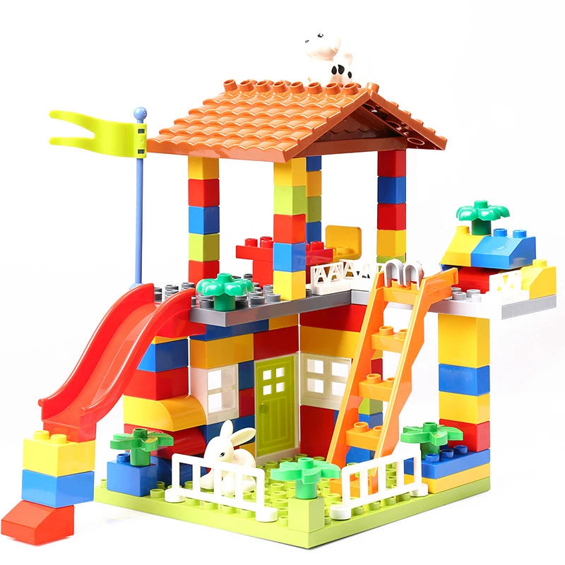 89pcs Big Size Castle Slide Building Blocks toys Big Particle Roof Blocks Compatible Duploed City House Brick Toys For Children