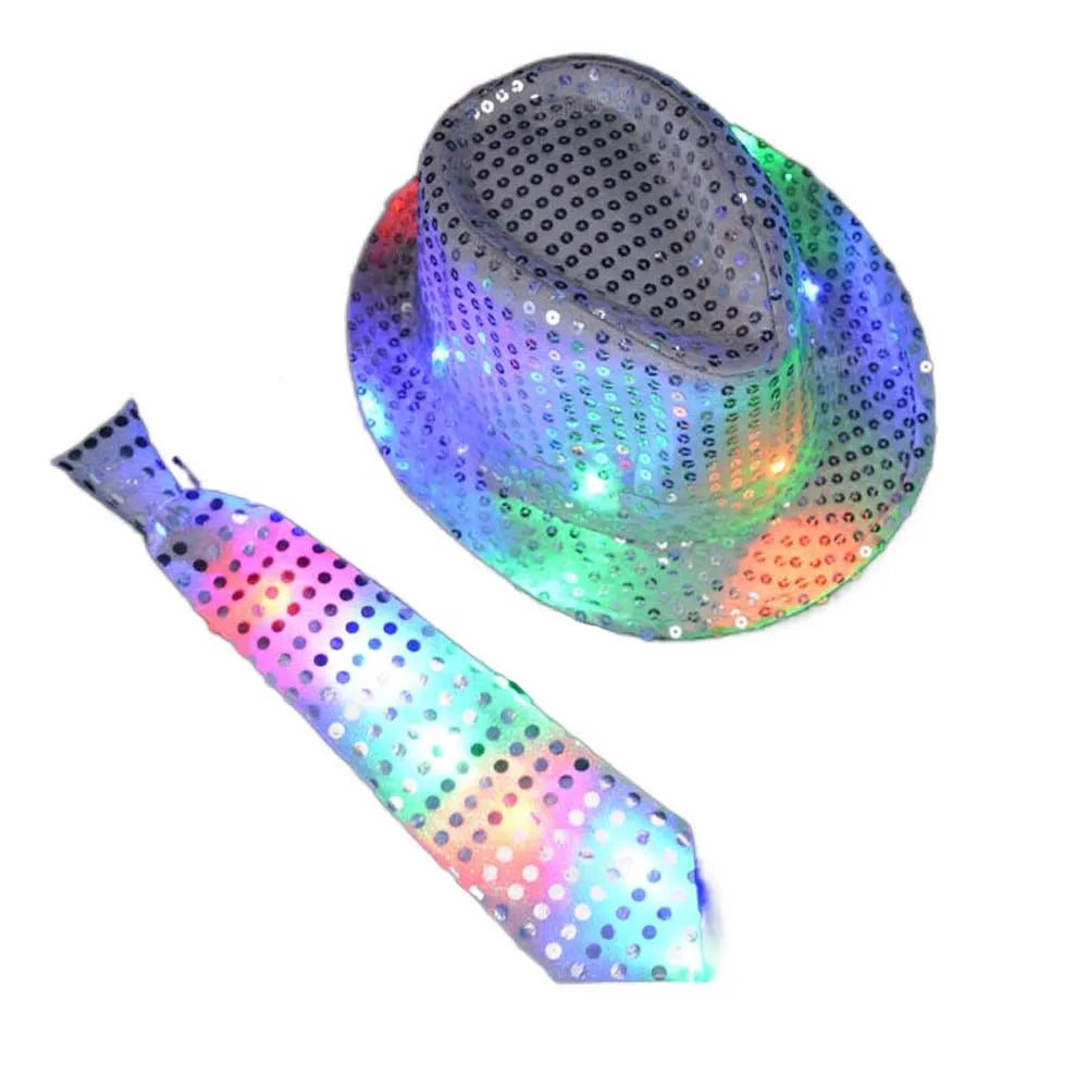 Kids Adult LED Light Up Tie Sequin Jazz Fedora Hat Flashing Neon Party Gift Costume Cap Birthday Wedding Halloween Christmas