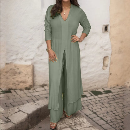 Spring Fall New Women's Set Fashion V-neck Solid Long Sleeve Chiffon Shirt Long Tops+Wide Leg Trousers Suit Casual Two-Piece Set