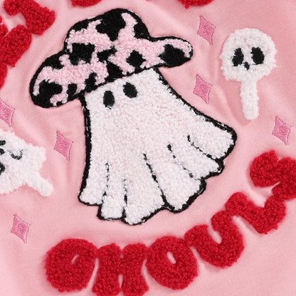 0-12M Baby Girls Halloween Rompers Letter Ghost Embroidered Patchwork Long Sleeve Round Neck Fall Cotton Bodysuits Jumpsuits