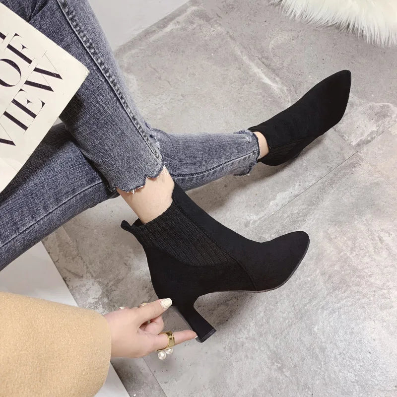 Ankle Boots Women Autumn Pointed Toe Knitted Warm Elastic Women's Shoes Shoes Casual High Heels Platform Boots Botas De Mujer