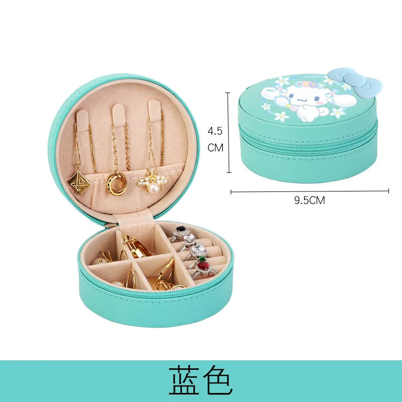 Sanrios Cinnamoroll Kuromi Mymelody round Jewelry Storage Box PU Leather Earrings Necklace Ring Jewelry Organizer Container Gift