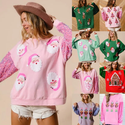 2025 Winter New Santa Claus Christmas Tree Soldier Pattern Sequins Loose Pullovers Tops Fashion Long Sleeve Tshirt Sweatshirt