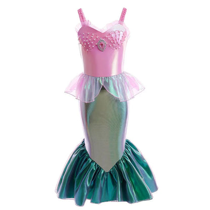 Disney Halloween Festival Mermaid Ariel Cosplay Dress for Girl Christmas Carnival Pink Pearl Inlay Clothing Ball Gown Dress Suit