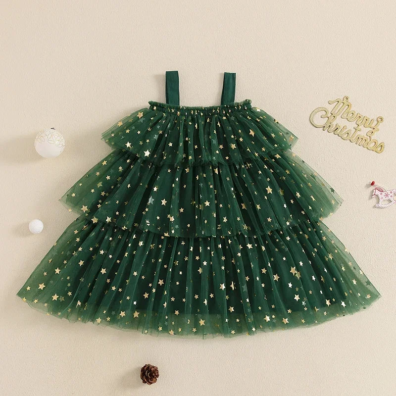 Cute Christmas Kids Girl Mesh Lace Dress Print Sleeveless Layered Tulle Dress Plush Ball Hat Xmas Costume Clothes