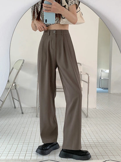 Zoki Elegant Chic Suit Pant Women High Waist Solid Straight Trousers Korean Casual Fashion Loose Spring Summer Wide Leg Pants