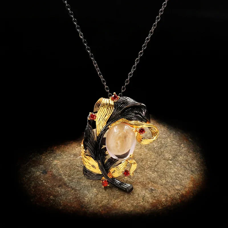 Elegant Black and Gold Two-tone Women's Jewelry Leaf Winding Translucent Crystal Zircon Pendant Necklace with Sweater Chain