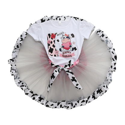 2-8Y Kids Girls Clothes Sets Girls Short Sleeved Letter Print T-shirt Top+Mesh Tutu Skirt Birthday Party Dance Performance Suits