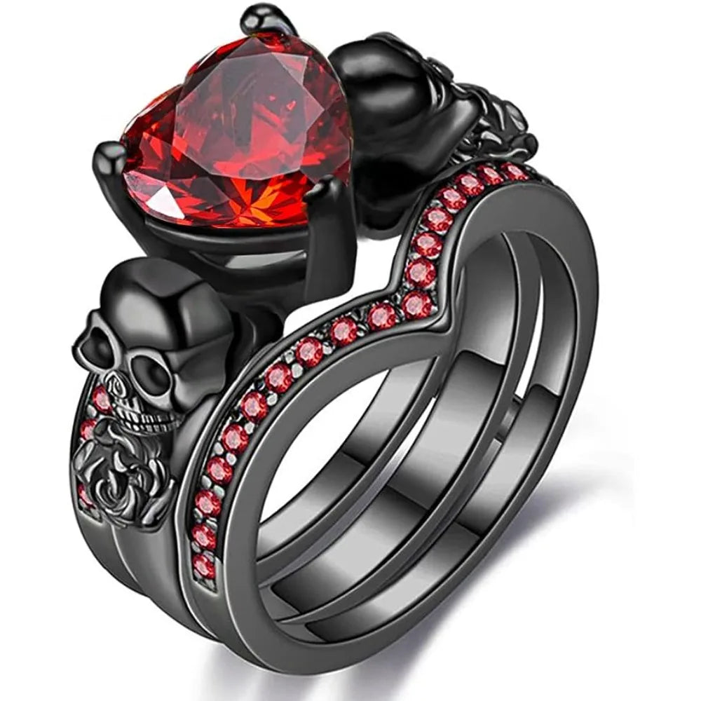 Gothic Skull Black Rings Set Women Rose Flower Red Purple Heart Zircon Crystal Christmas Anniversary Party Biker Jewelry