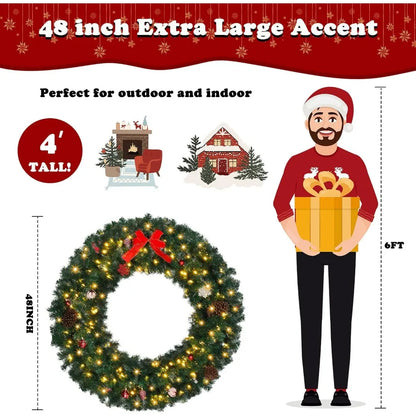 48 Inch Pre-lit Artificial Christmas Wreath, Ourdoor Christmas Wreath Decorations with 150 LED Lights