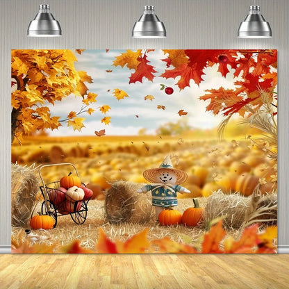 Autumn Harvest Thanksgiving Background Cloth - Pumpkin, Hay, and Maple Leaf Patterns | Multi functional Polyester Decoration|