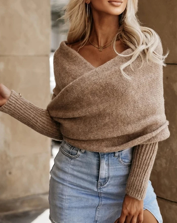 Women's Urban Commuting Pullover 2024 Autumn Winter Latest Off Shoulder Crisscross Wrap Knit Sweater Solid Color Waist Top