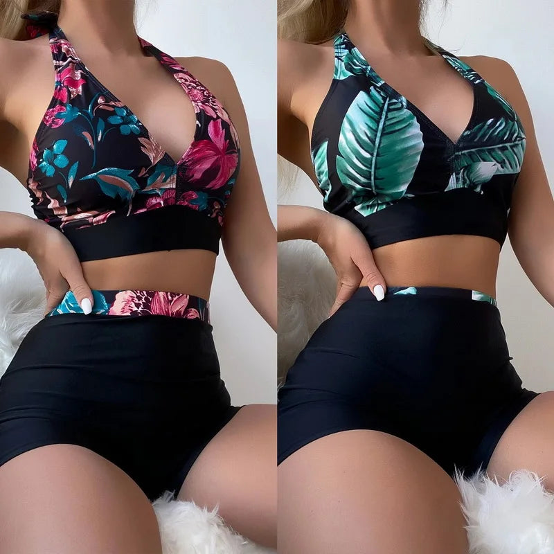 High Quality Design Sexy Women's Bikini Set Pool Swimsuit Retro Fresh Leaf Print Hanging Neck Strap Swimsuit Two Piece Shorts