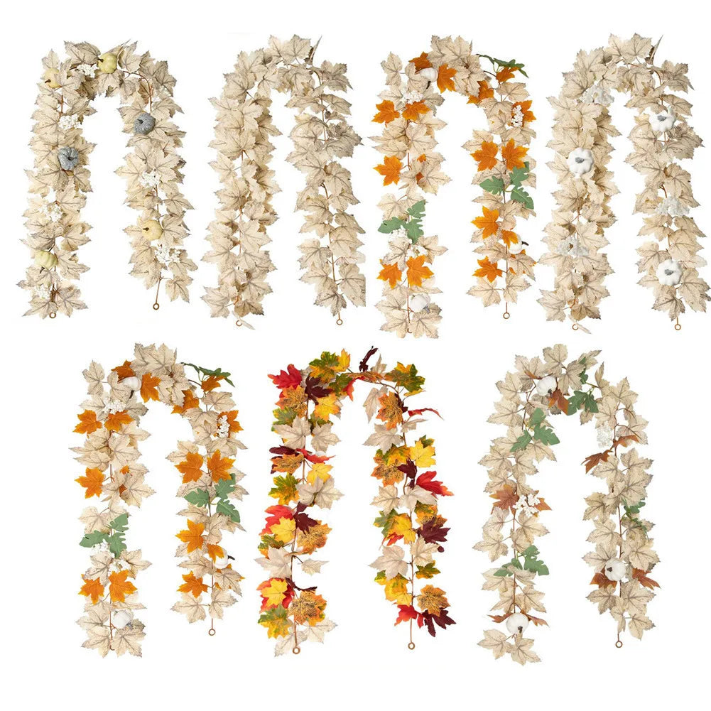 Farmhouse Fall Maples Leaf Garland Artificial Foliage Pumpkin Berry Garland Autumn Hanging Vine Garland Thanksgiving Decor