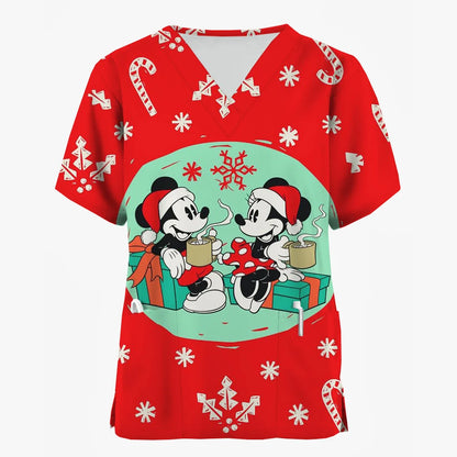 Disney Mickey Mouse Minnie print Christmas Scrub Tops Women Dentist Work Uniform Nurse Scrub Uniforms Medicals Dental Hospital