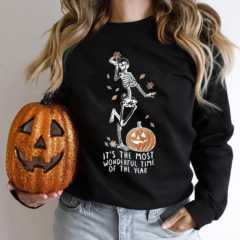 Halloween Skeleton & Pumpkin Print Sweatshirts Casual Long Sleeve Crew Neck Sweatshirt Women's Plus Size Clothing