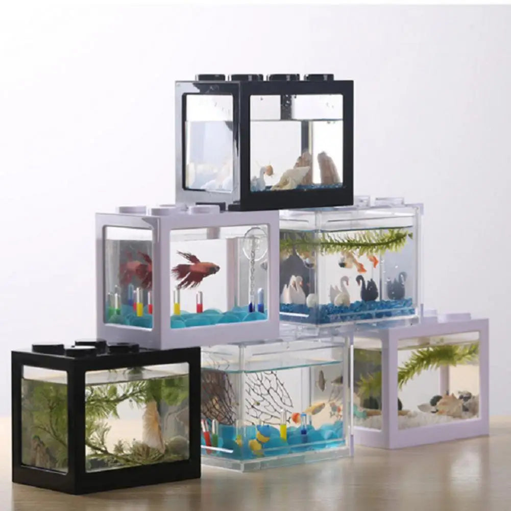 Fish Tank  Cute Building Block Design Desktop Mini Aquarium  Plastic Desktop Fish Tank Fish Pond Pet Box Пейзаж Аквариума