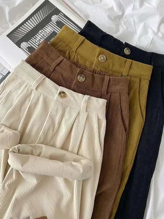 Vintage High Waist Corduroy Pants Women Spring Fall Straight Causal Full Length Trousers Korean Fashion All Match Black Pants